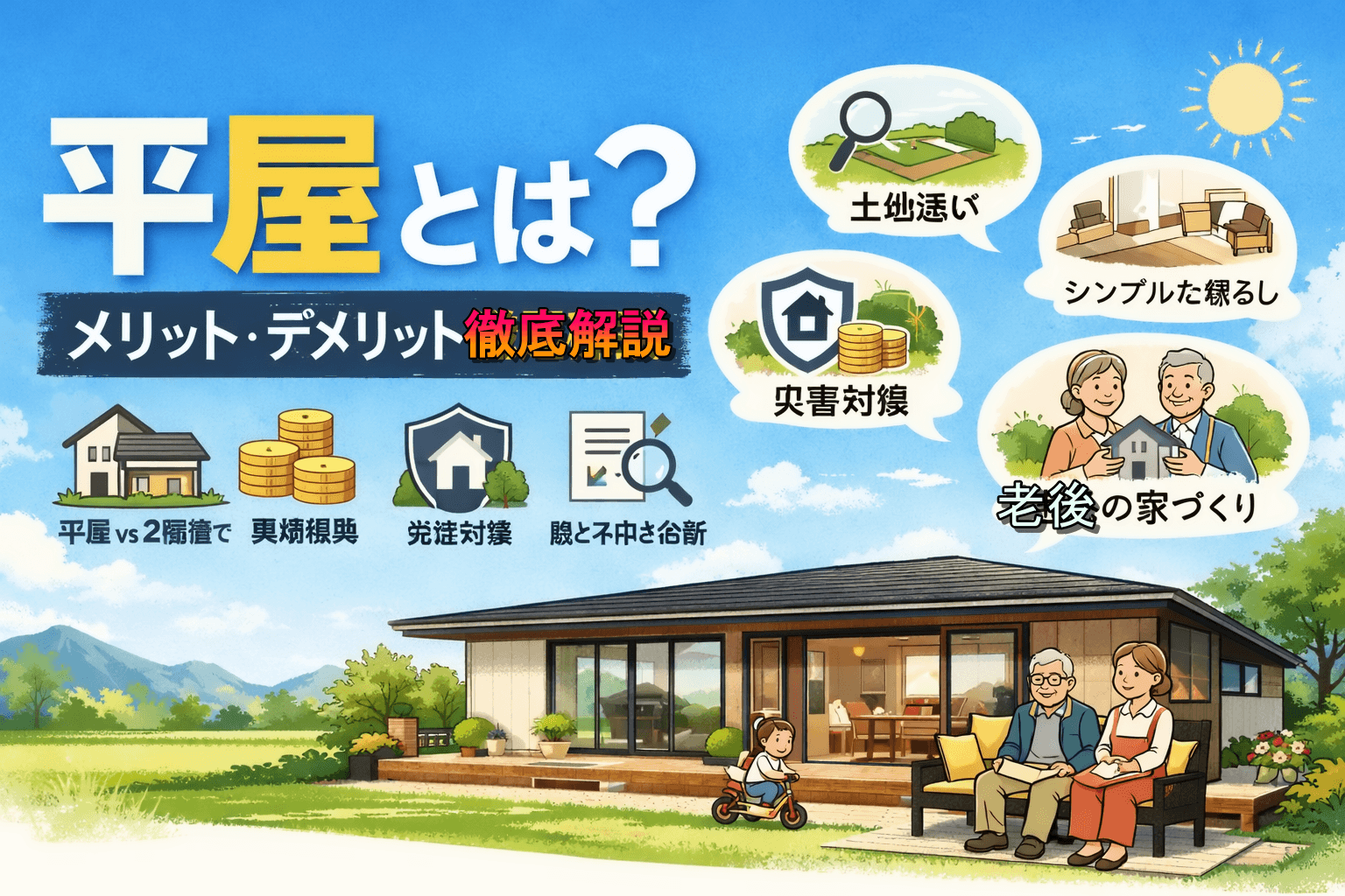 平屋とは何かをわかりやすく解説。定義や平家との違い、メリット・デメリット、2階建てとの比較、費用相場、防犯・災害対策、向き不向きまで網羅した総合ガイドです。