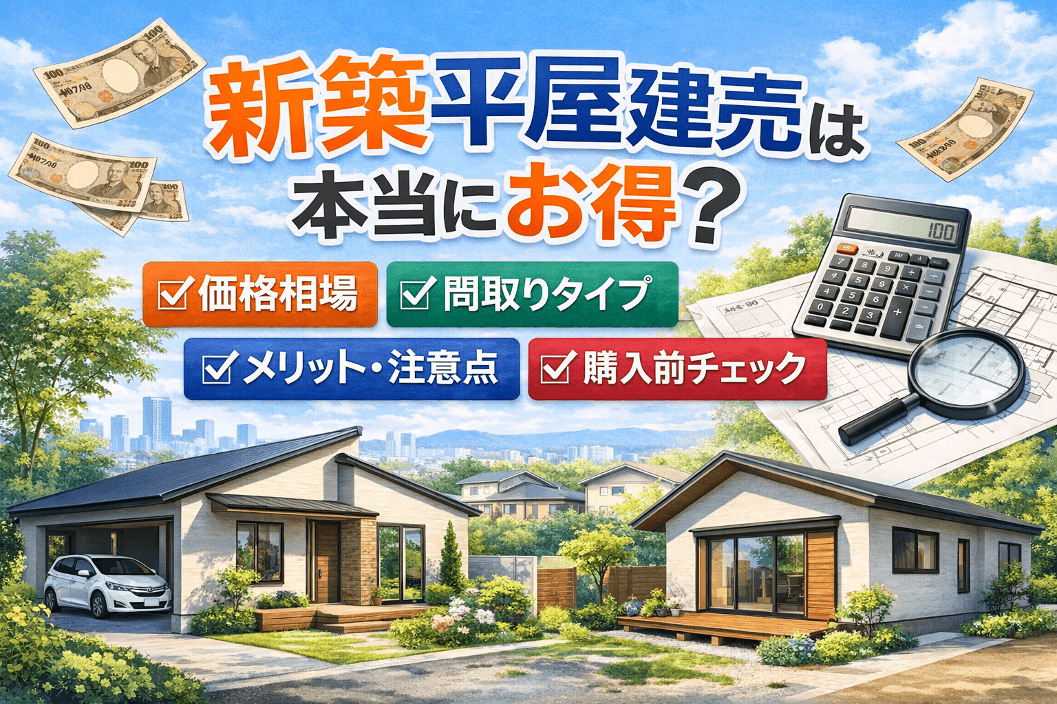 新築の平屋建売は本当にお得なのかを、価格相場・間取り・メリット・注意点まで分かりやすく解説します。注文住宅や中古との違い、地域別の相場、購入前チェックポイントもまとめた初心者向け総合ガイドです。