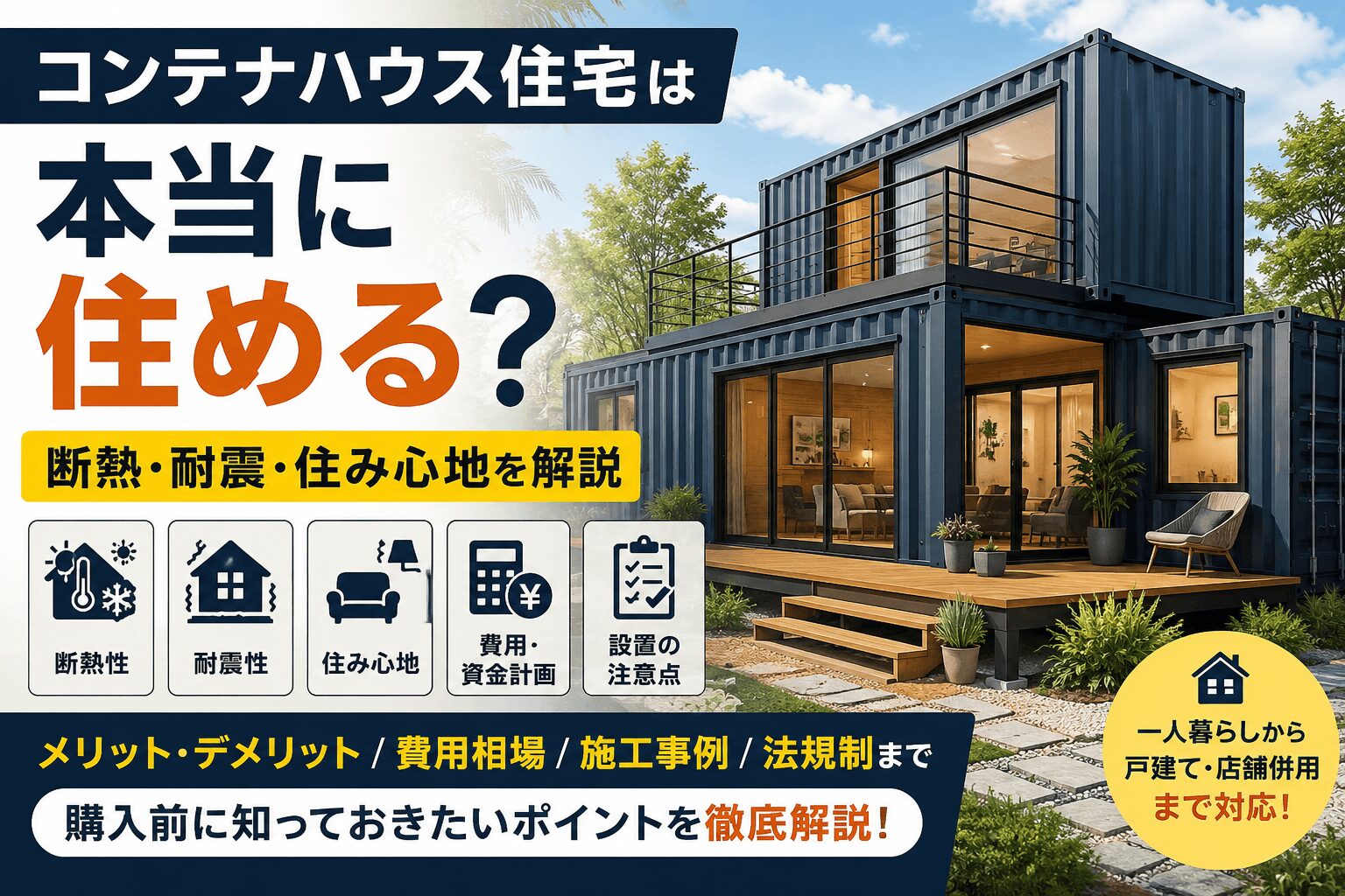 コンテナハウス住宅は本当に快適に住めるのか、断熱性・結露対策・耐震性・耐用年数を詳しく解説します。建築確認や設置条件、20FT・40FTの間取り例、費用相場、住宅ローン、インフラ整備、信頼できる施工会社の選び方まで、後悔しないためのポイントを網羅した実用ガイドです。
